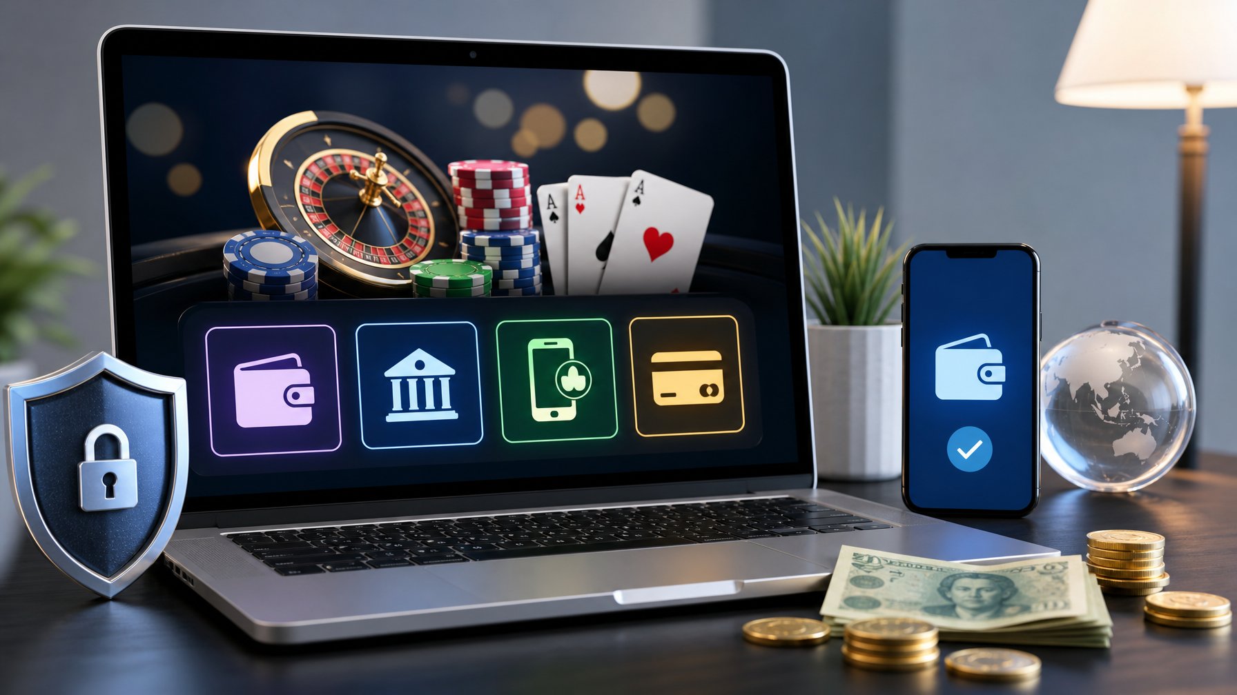 Seorang pengguna sedang mengakses situs casino online di komputer dengan ikon metode pembayaran lokal yang aman dan praktis di layar.