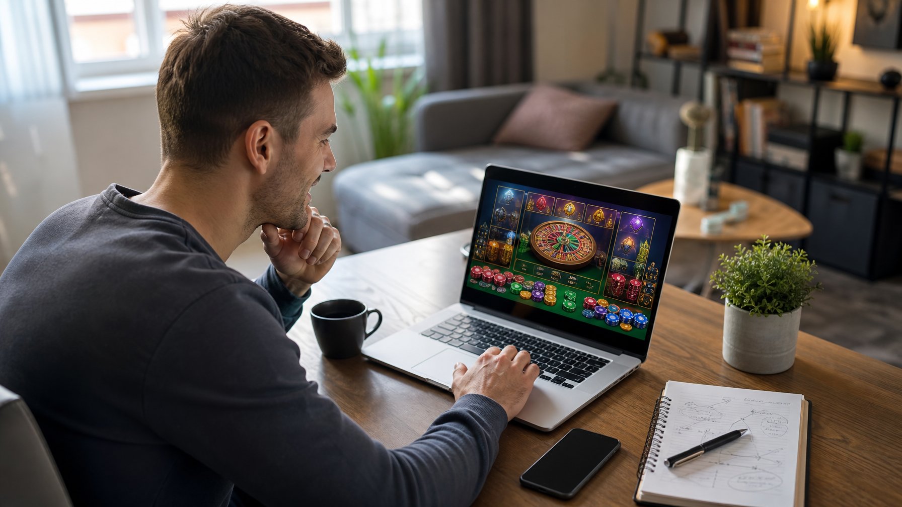 Seorang pemain pemula sedang bermain casino online di laptop di ruang tamu yang nyaman dengan cahaya alami.