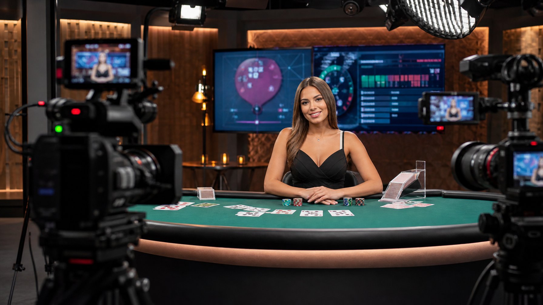 Seorang dealer live casino yang ramah duduk di meja poker dengan kartu dan chip, di studio kasino dengan layar digital dan pencahayaan lembut.