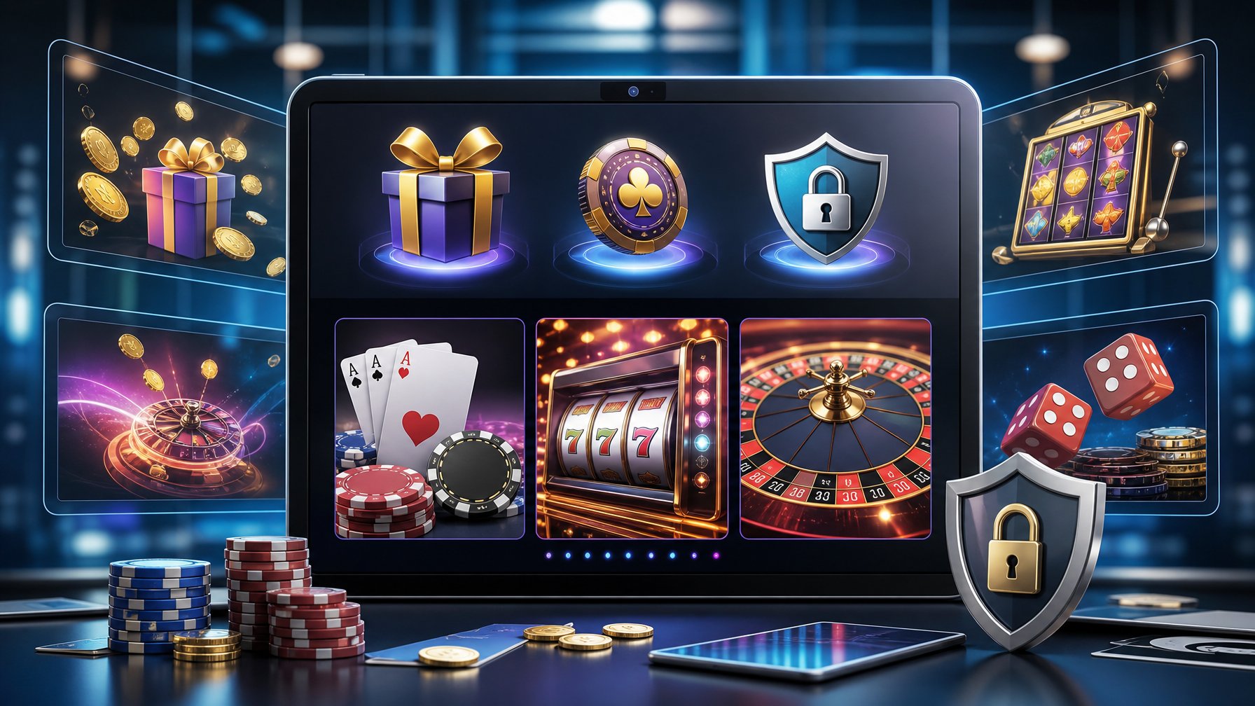 Tampilan antarmuka digital modern yang menampilkan bonus kasino, berbagai permainan kasino, dan ikon keamanan.