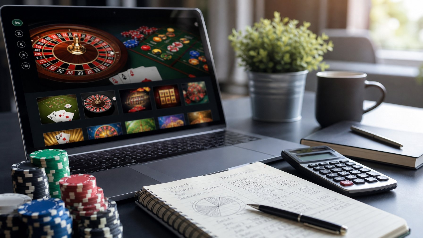 Sebuah meja kerja dengan laptop yang menampilkan permainan kasino online dan alat manajemen keuangan seperti kalkulator dan buku catatan.