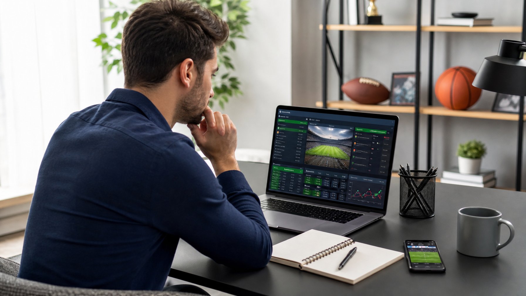 Seorang pria muda duduk di meja dengan laptop, melihat layar yang menampilkan data taruhan olahraga, di ruangan terang dengan perlengkapan olahraga di latar belakang.