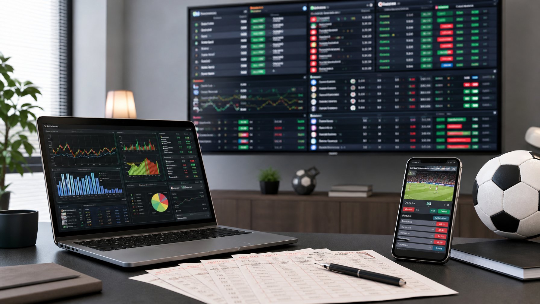 Meja kerja dengan laptop yang menampilkan grafik odds judi olahraga, slip taruhan, dan layar besar yang menunjukkan statistik taruhan olahraga.