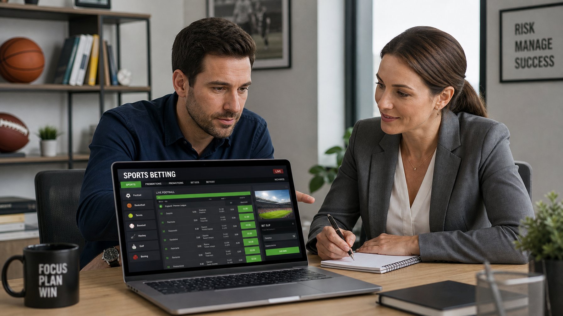 Seorang pria dan wanita duduk di meja kerja modern sambil melihat layar laptop yang menampilkan situs judi olahraga, dengan bola sepak dan bola basket di rak belakang.
