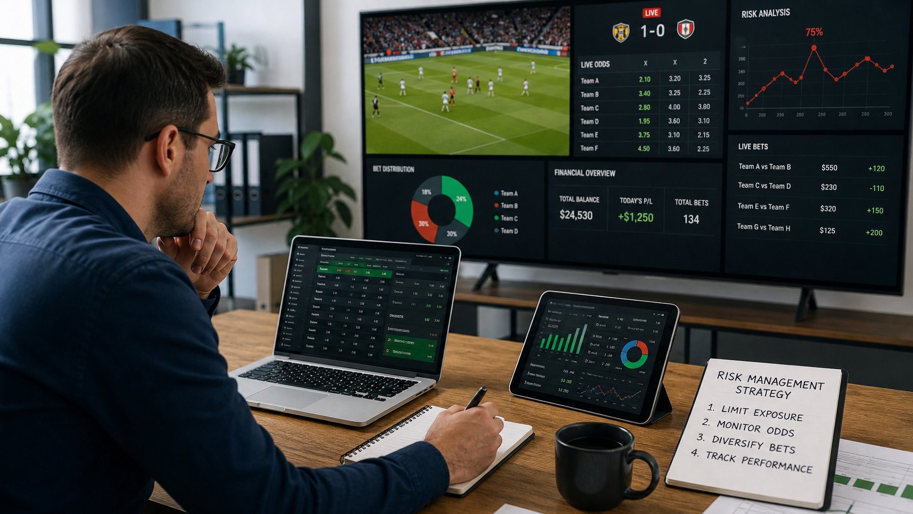 Seorang pria di meja kerja yang menganalisis data taruhan olahraga dengan laptop, tablet, dan layar besar menampilkan statistik dan grafik.