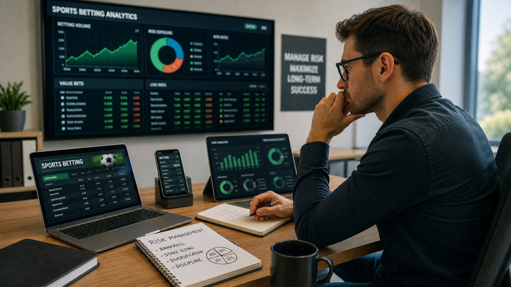 Seorang pria muda duduk di meja dengan perangkat digital menampilkan statistik olahraga dan grafik analisis risiko dalam ruangan kantor yang terang.