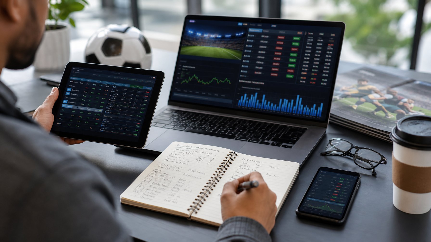 Seseorang menganalisis pergerakan odds judi olahraga di depan beberapa layar digital dengan grafik dan data, menggunakan laptop dan tablet di meja kerja yang rapi.