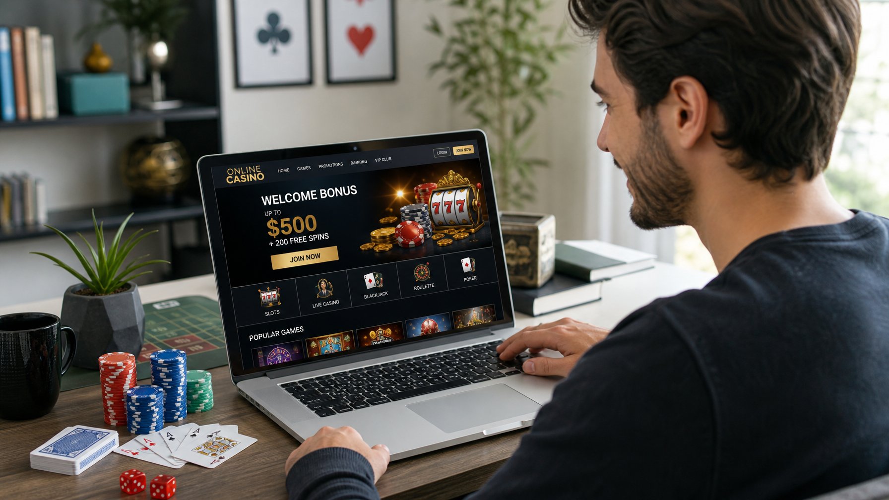 Seorang dewasa muda duduk di meja dengan laptop, terlihat fokus menggunakan situs casino online di ruang kerja yang rapi dengan dekorasi kartu dan chip casino di meja.