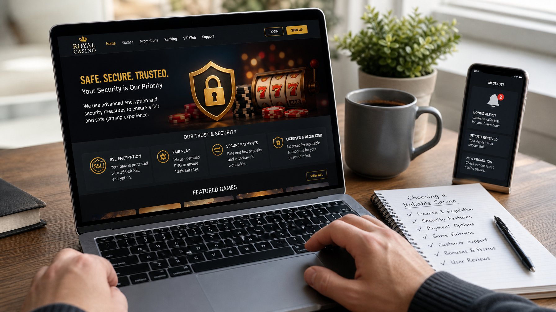 Seseorang menggunakan laptop di meja kerja dengan tampilan situs casino online yang menampilkan ikon keamanan dan catatan di sampingnya.