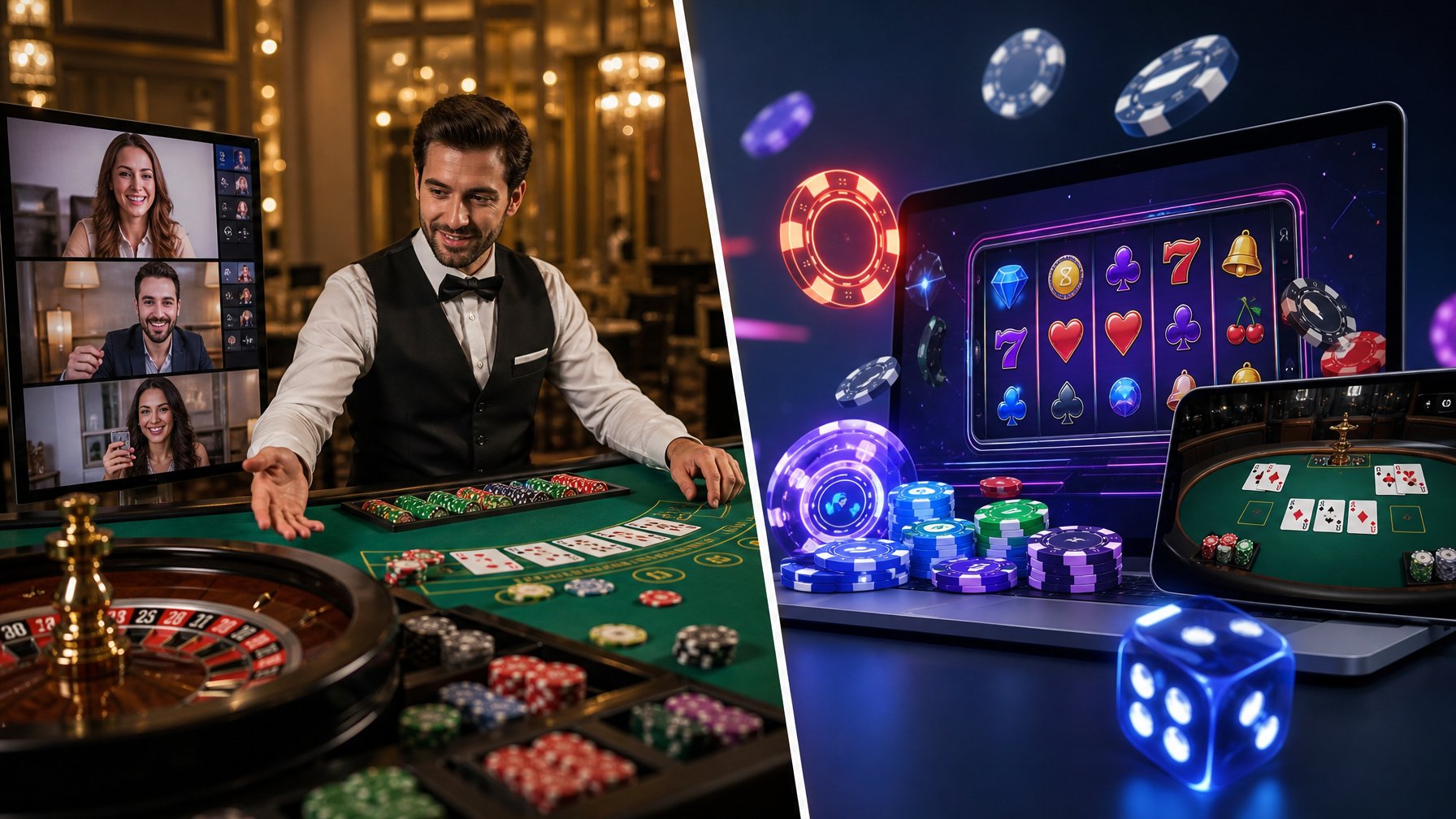Gambar yang menunjukkan perbedaan antara kasino online dengan dealer langsung dan kasino digital biasa, dengan dealer nyata di satu sisi dan antarmuka kasino digital di layar perangkat di sisi lain.