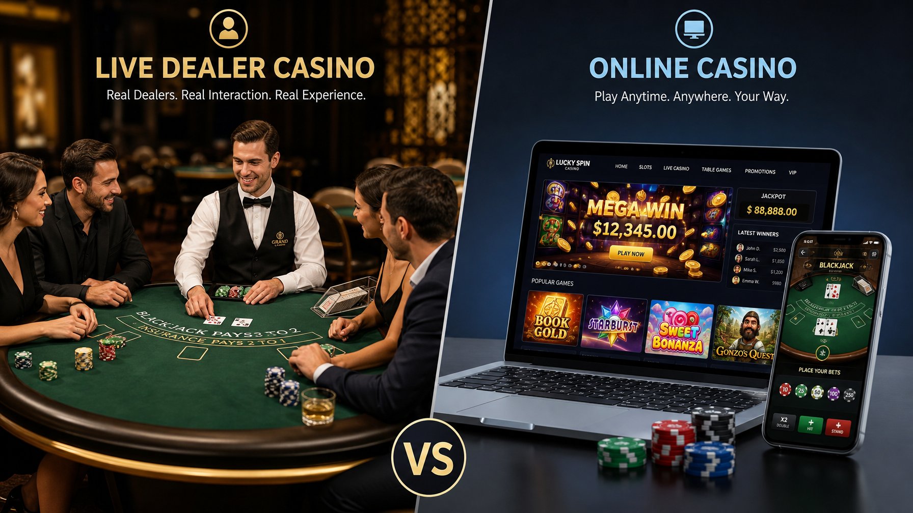 Gambaran perbedaan antara kasino online dengan dealer langsung dan kasino digital biasa, menunjukkan dealer kasino nyata di meja dan antarmuka kasino digital di layar perangkat.