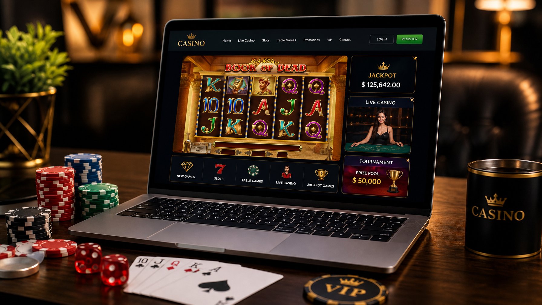 Sebuah laptop dengan permainan kasino online di layar, dikelilingi oleh chip poker, kartu remi, dan dadu di atas meja kayu.