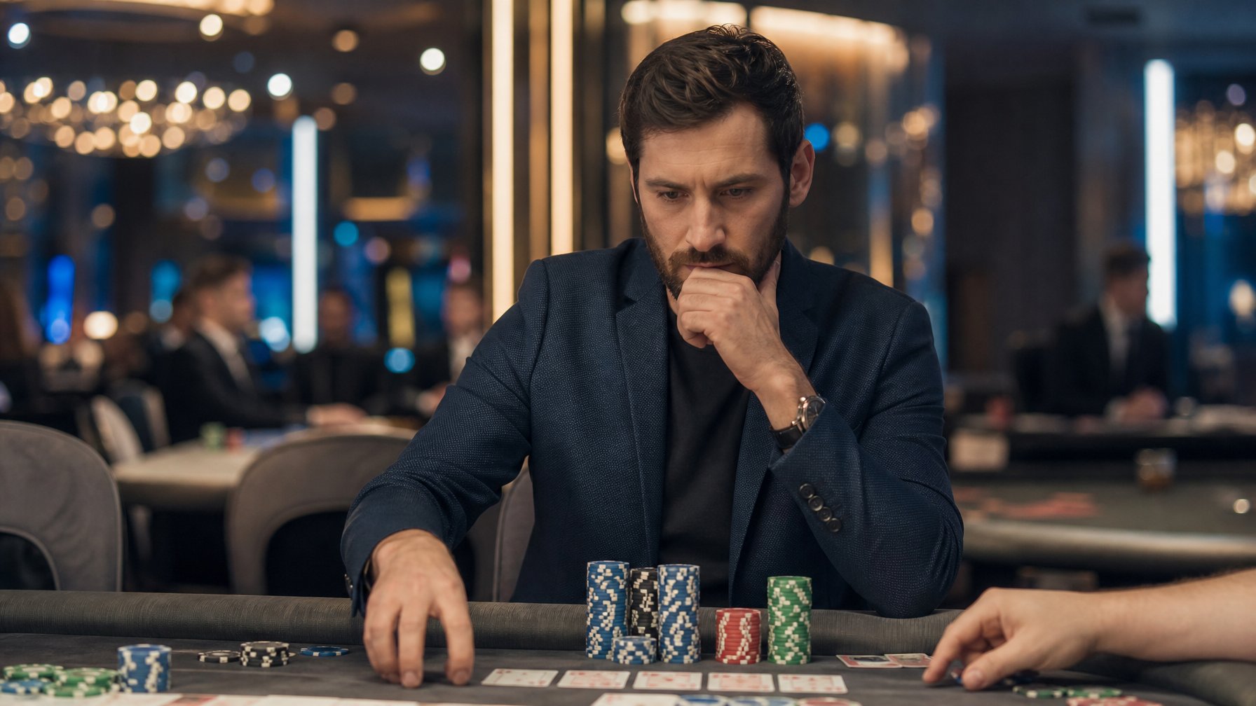 Seorang pria dewasa fokus duduk di meja kasino dengan chip poker dan kartu, tampak berpikir serius.