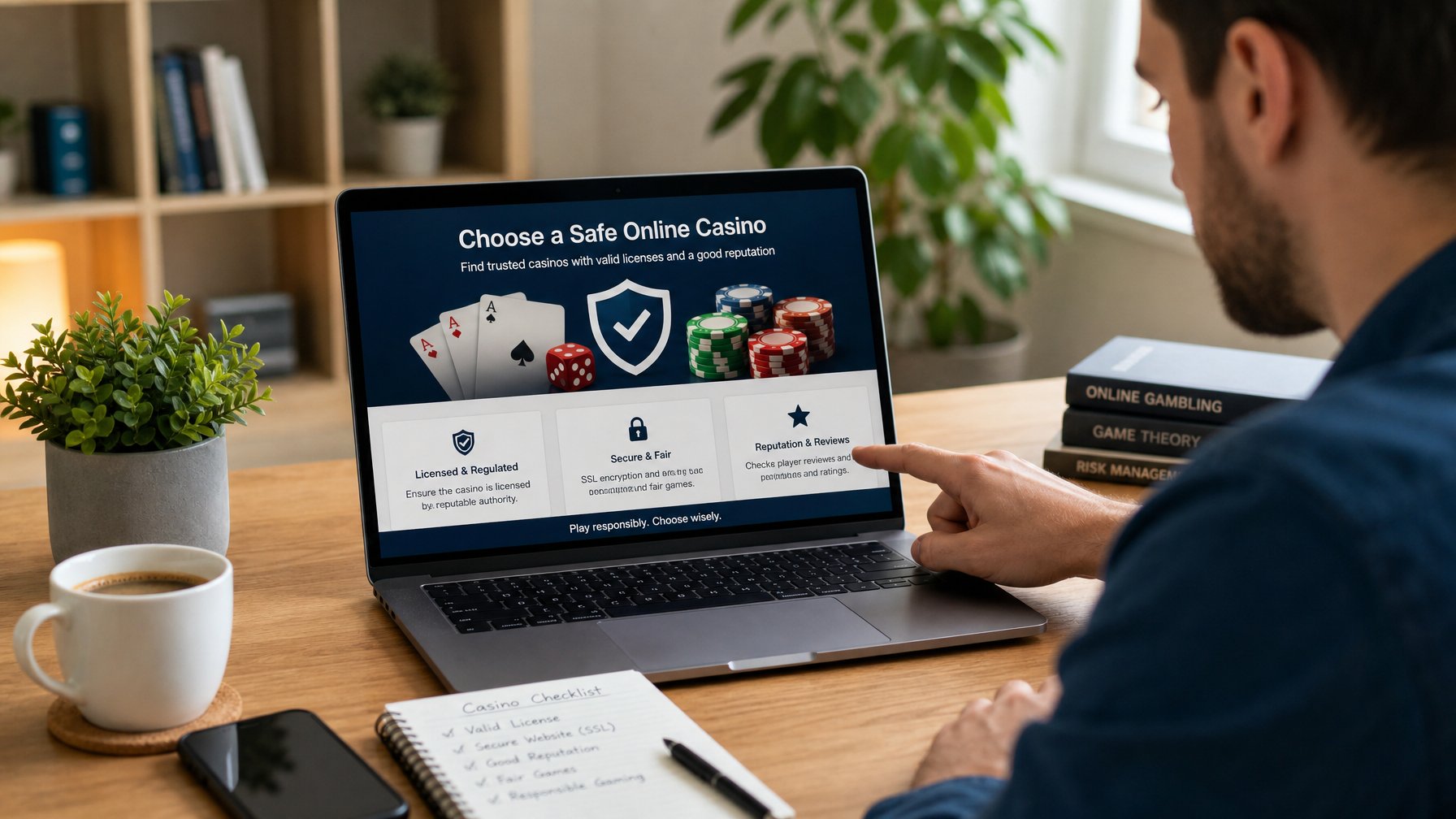 Seseorang sedang menggunakan laptop untuk meneliti situs casino online yang aman di ruang kerja rumah.