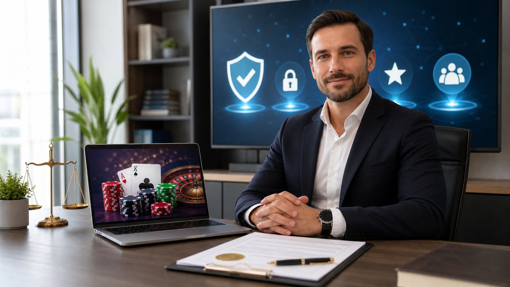 Seorang profesional duduk di depan laptop dengan dokumen lisensi di meja, latar belakang menampilkan simbol keamanan dan reputasi.