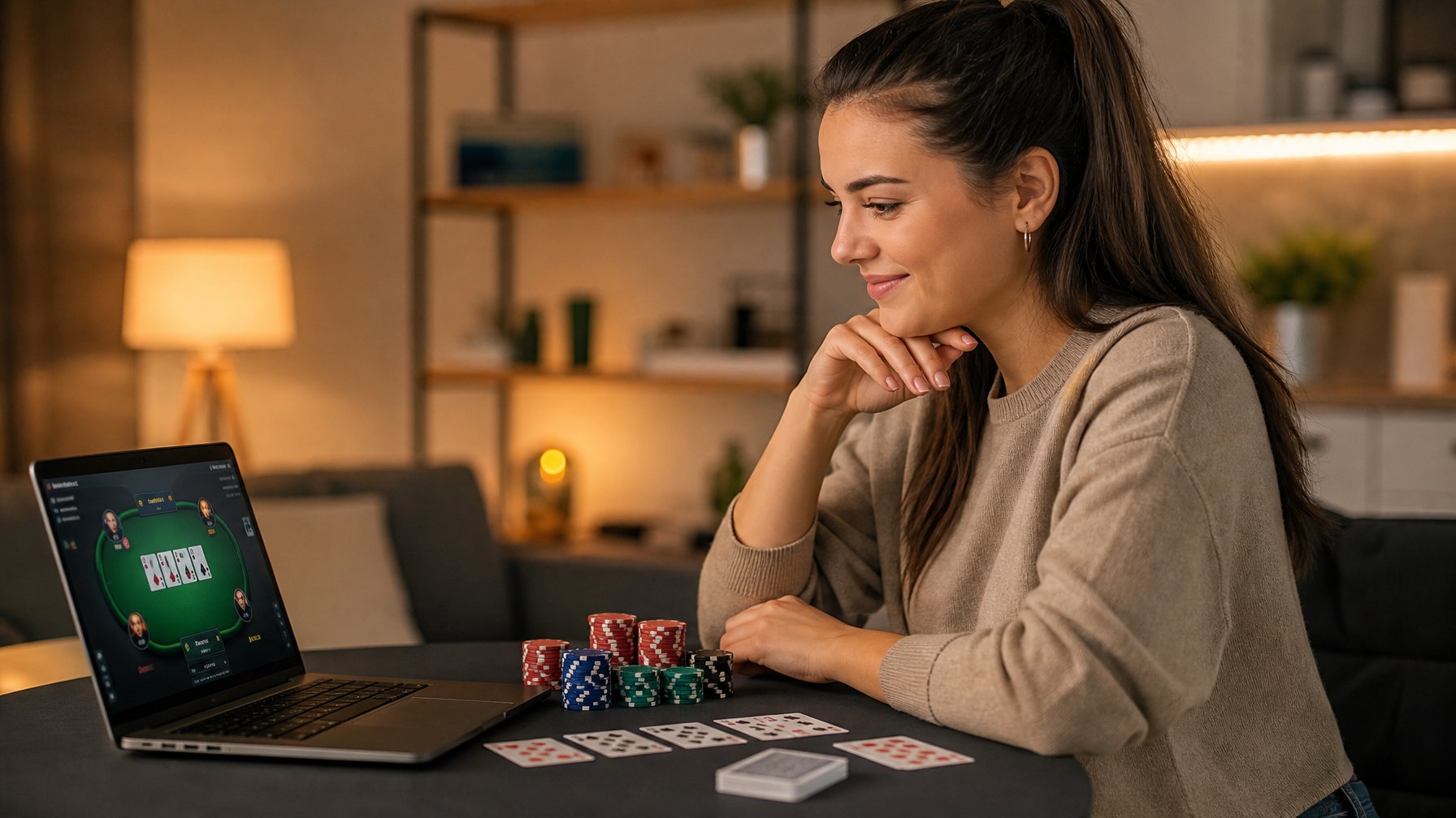 Seorang wanita muda duduk di meja poker dengan laptop dan kartu bermain, terlihat fokus belajar poker online.