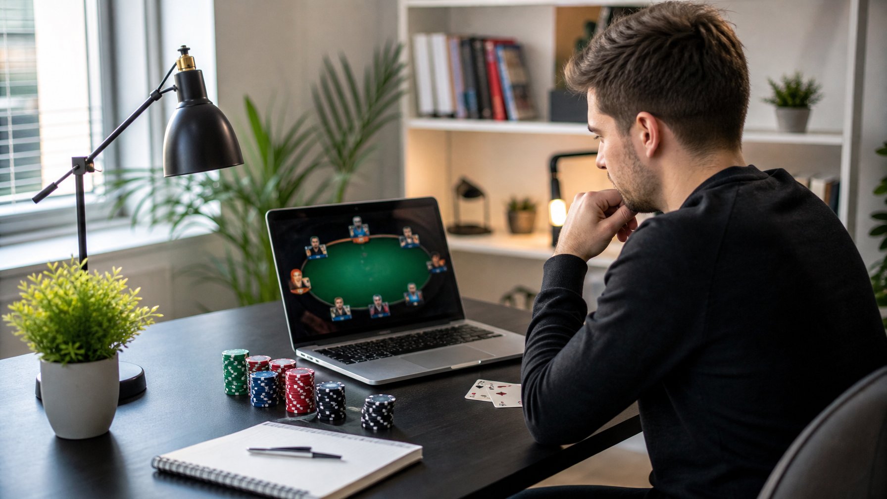 Seorang dewasa muda duduk di depan laptop di ruang kerja rumah, fokus belajar bermain poker online dengan kartu dan chip poker di meja.