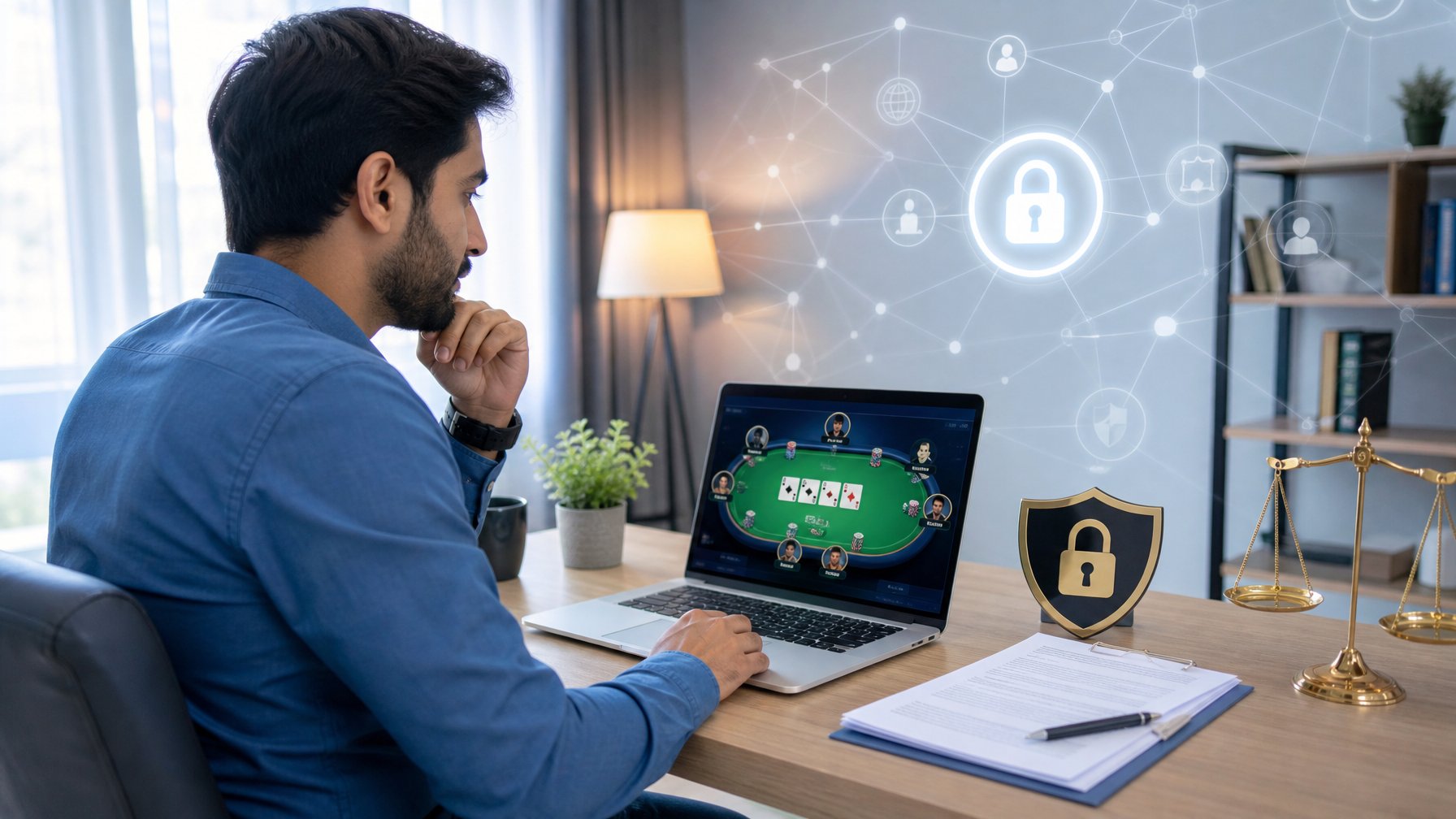 Seorang pria duduk di meja dengan laptop yang menampilkan permainan poker, di ruangan terang dengan simbol keamanan dan dokumen legal di sekitar.
