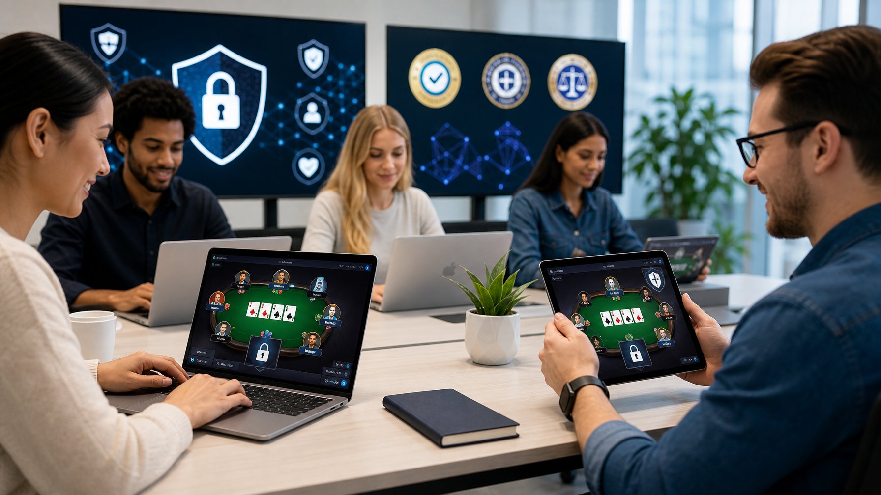 Orang-orang menggunakan perangkat digital untuk bermain poker online dalam suasana kantor yang modern dan aman.