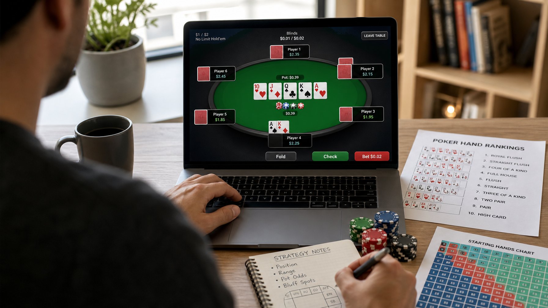 Seseorang sedang menggunakan laptop dengan permainan poker online di layar, di atas meja terdapat catatan dan secangkir kopi.
