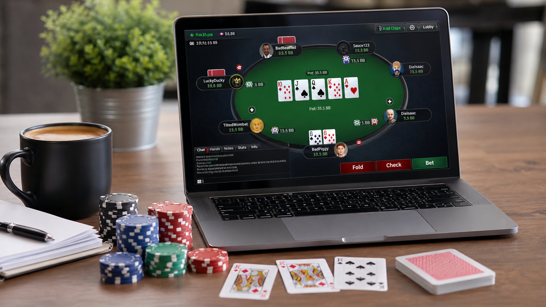 Seorang pemain poker online menggunakan laptop dengan kartu dan chip poker di meja, menunjukkan suasana permainan yang serius dan fokus.