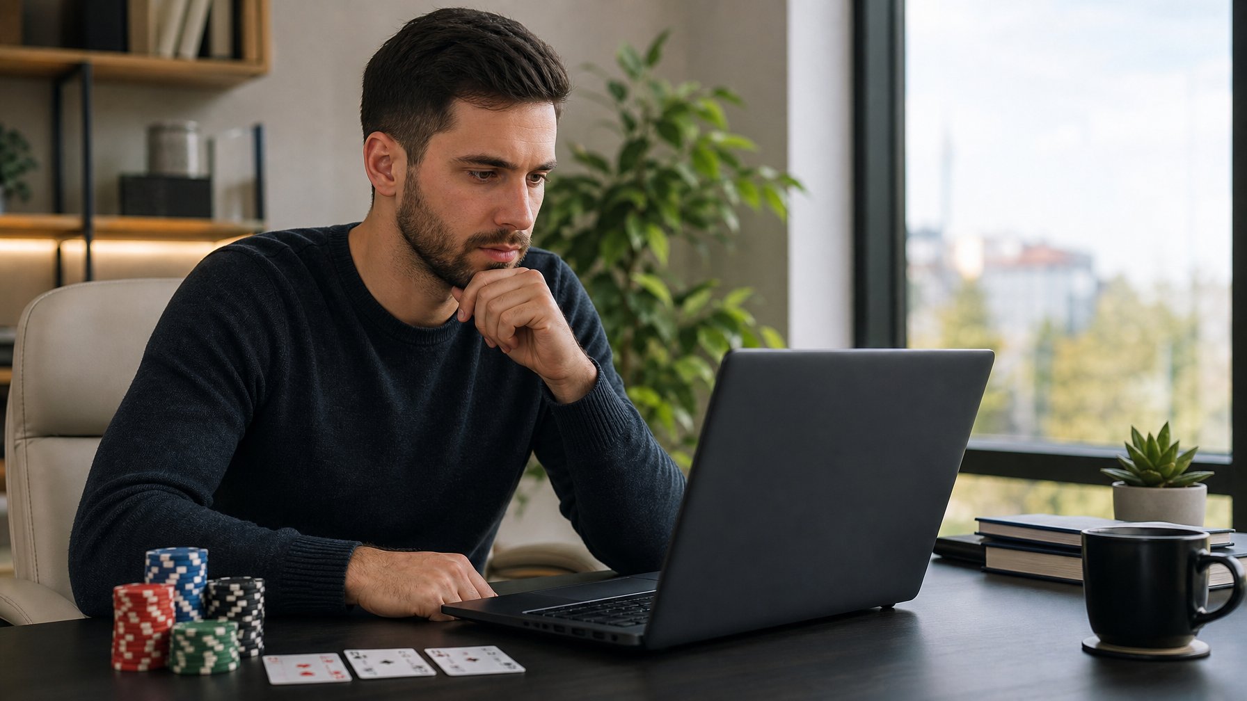 Seorang dewasa muda serius bermain poker online di depan laptop dengan tumpukan chip poker di meja.
