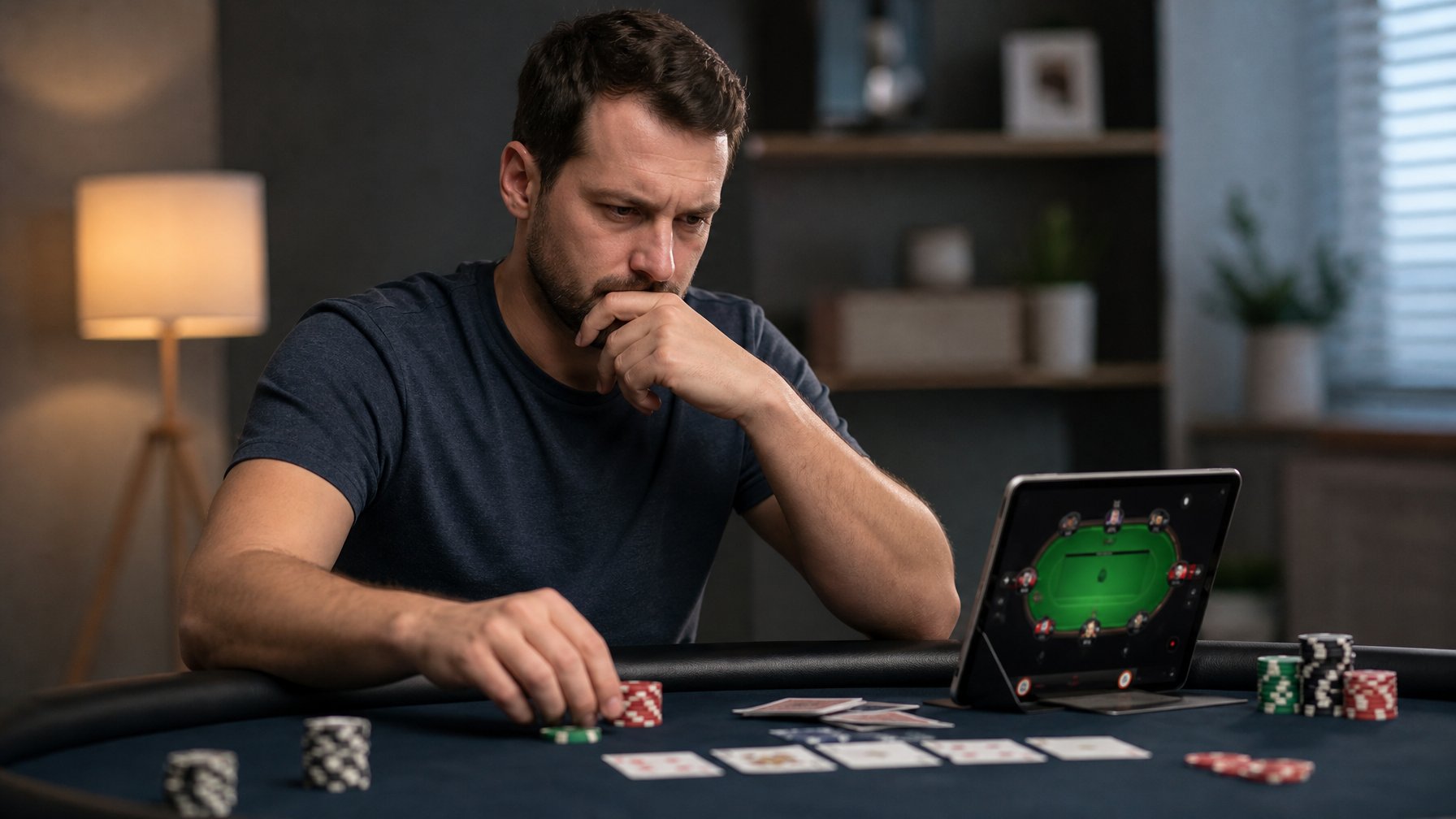 Seorang pemain poker serius duduk di meja poker dengan chip dan kartu, fokus pada permainan poker online di perangkat digital.