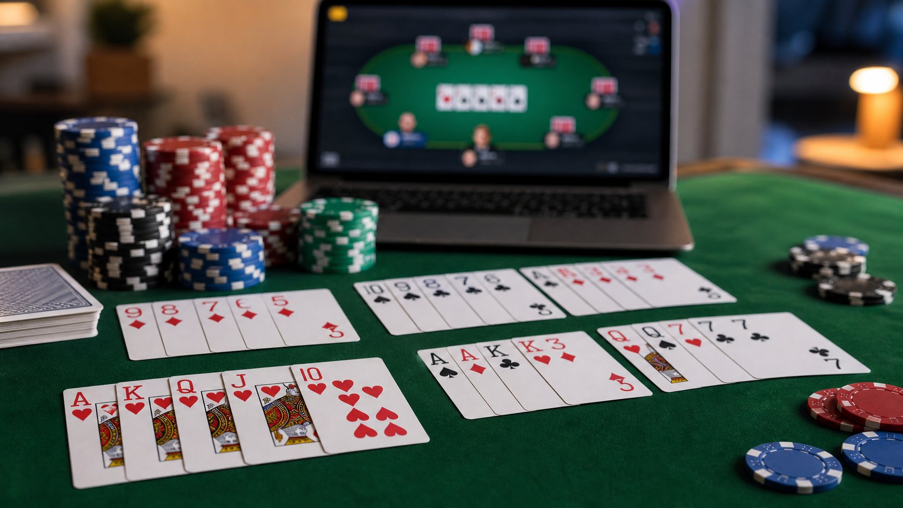 Meja poker dengan kartu dan tumpukan chip, serta layar perangkat yang menampilkan permainan poker online.