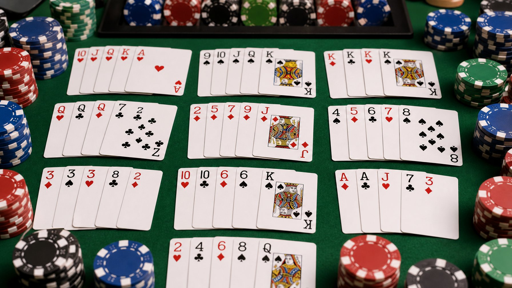 Meja poker dengan kartu yang menunjukkan berbagai kombinasi kartu poker dan tumpukan chip poker.