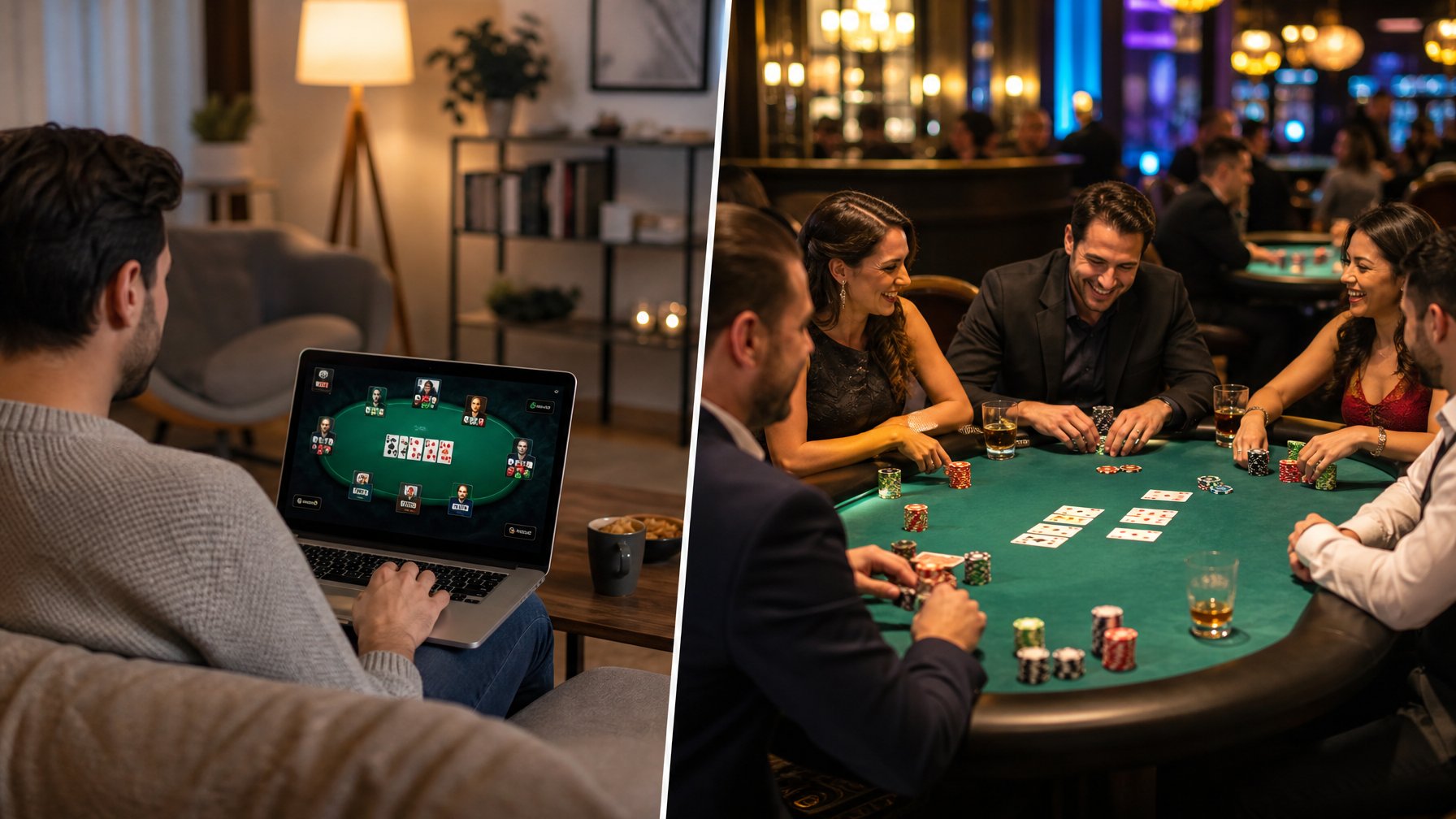 Seseorang bermain poker online di laptop di rumah dan sekelompok orang bermain poker konvensional di meja kasino.