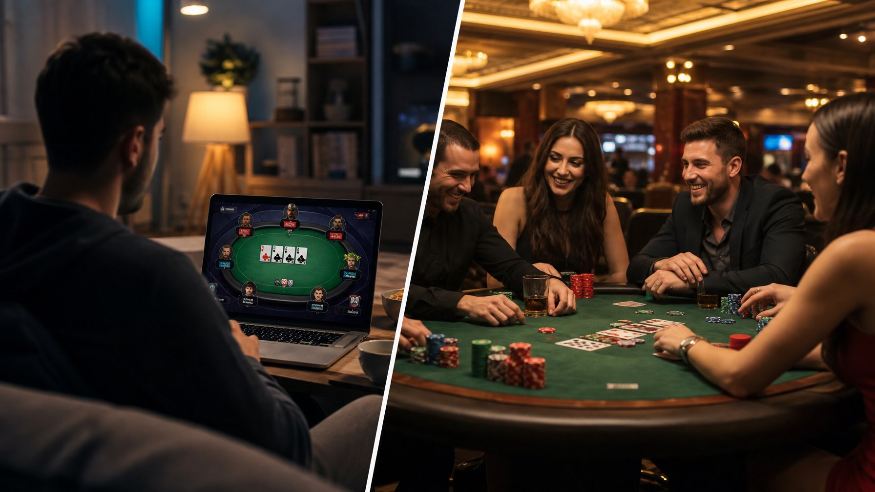 Seseorang bermain poker online di depan laptop di rumah dan sekelompok orang bermain poker konvensional di meja kasino.