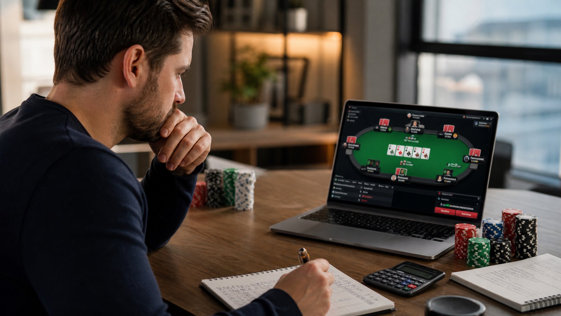 Seseorang sedang duduk di meja dengan laptop membuka permainan poker online, mengelola chip poker dan mencatat di buku catatan dengan ekspresi fokus.