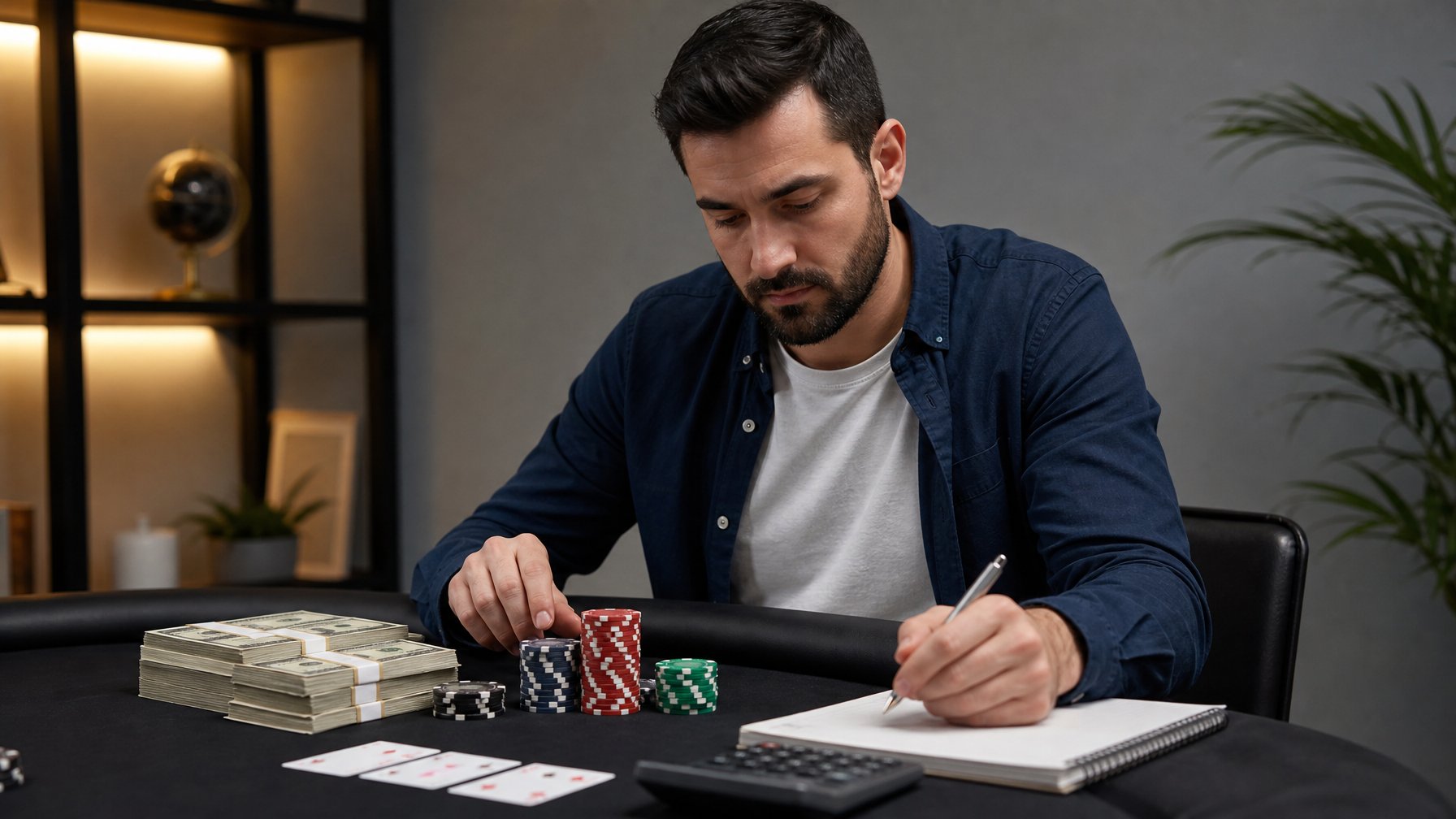Seorang pria dewasa duduk di meja poker dengan ekspresi fokus, mengelola chip dan uang dengan rapi di ruangan yang terang.
