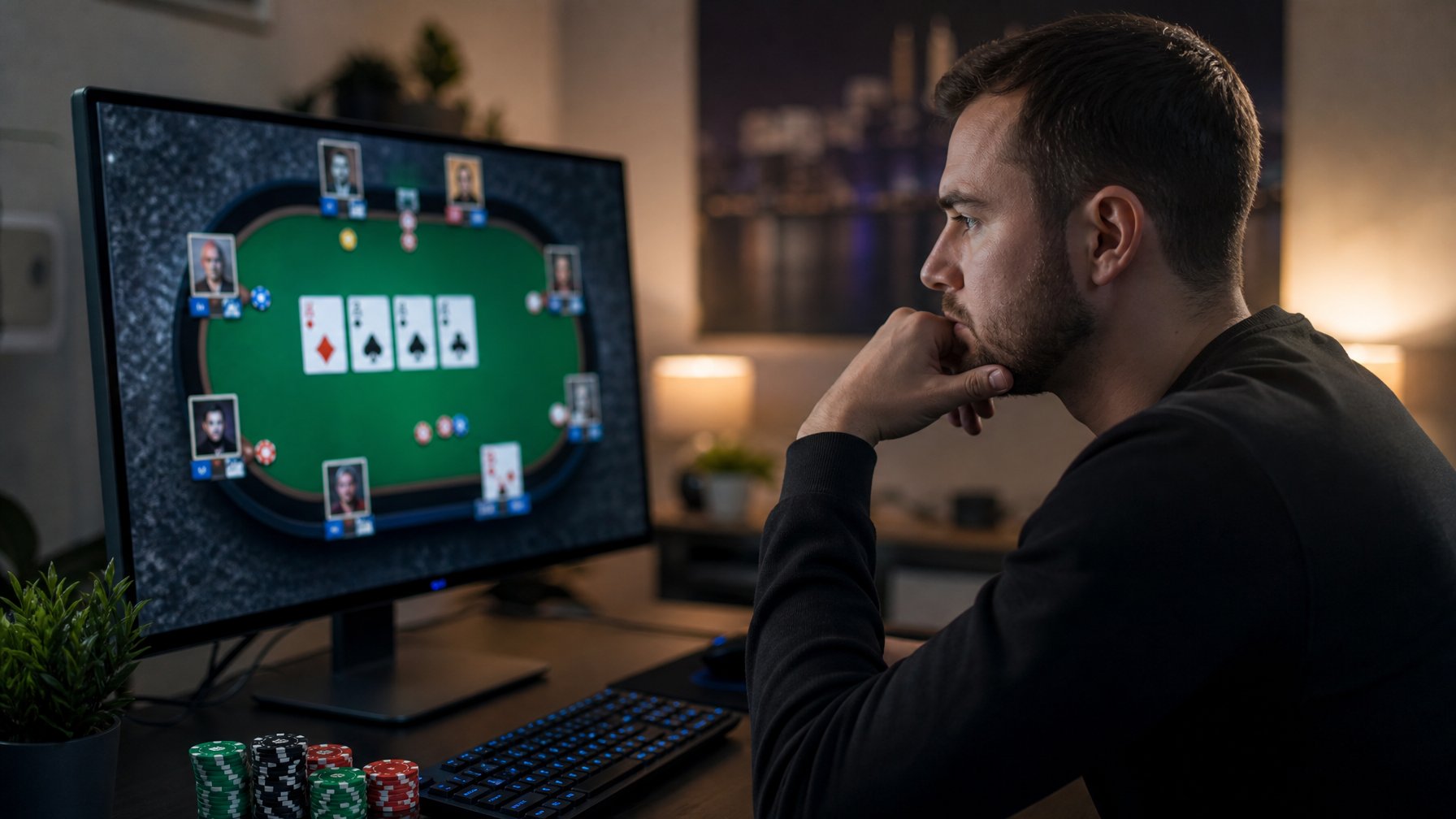 Seorang pemain duduk di depan komputer dengan layar menampilkan meja poker online, tampak fokus dan menganalisis permainan.