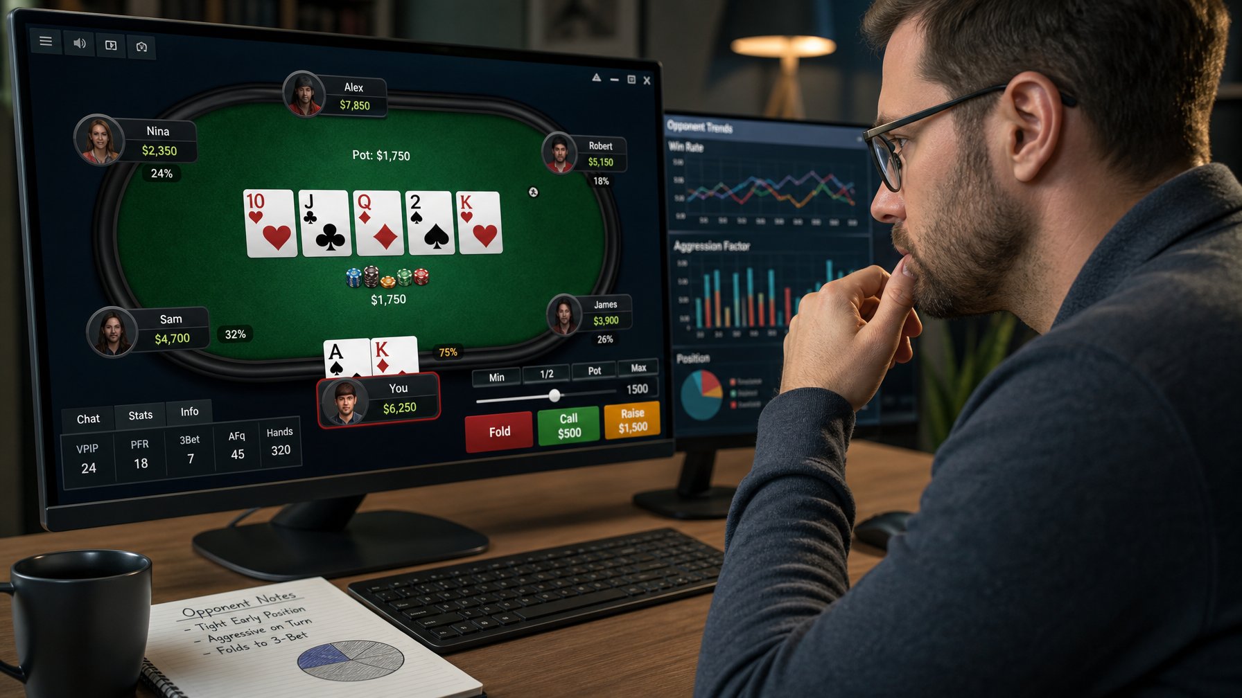 Seorang pria fokus melihat layar komputer yang menampilkan meja poker online dengan kartu dan chip poker, menunjukkan suasana permainan poker daring.