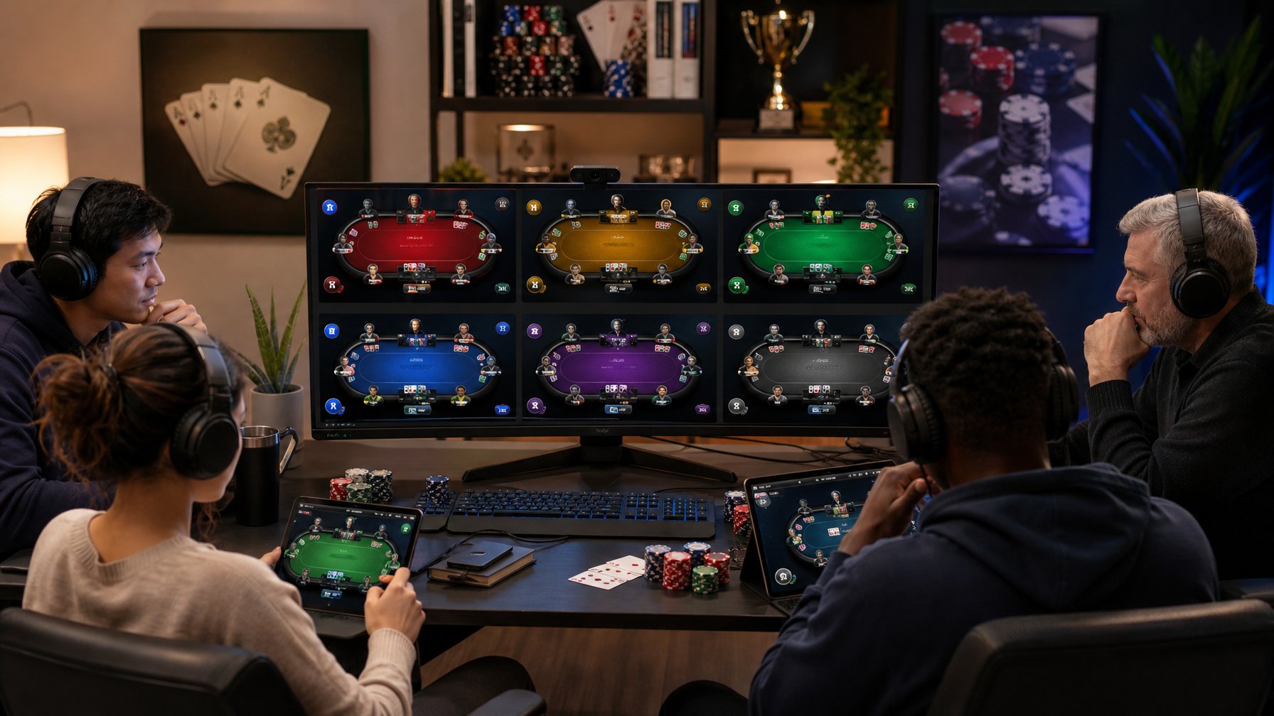 Beberapa pemain poker online sedang bermain di komputer dengan meja yang menampilkan berbagai level permainan poker.