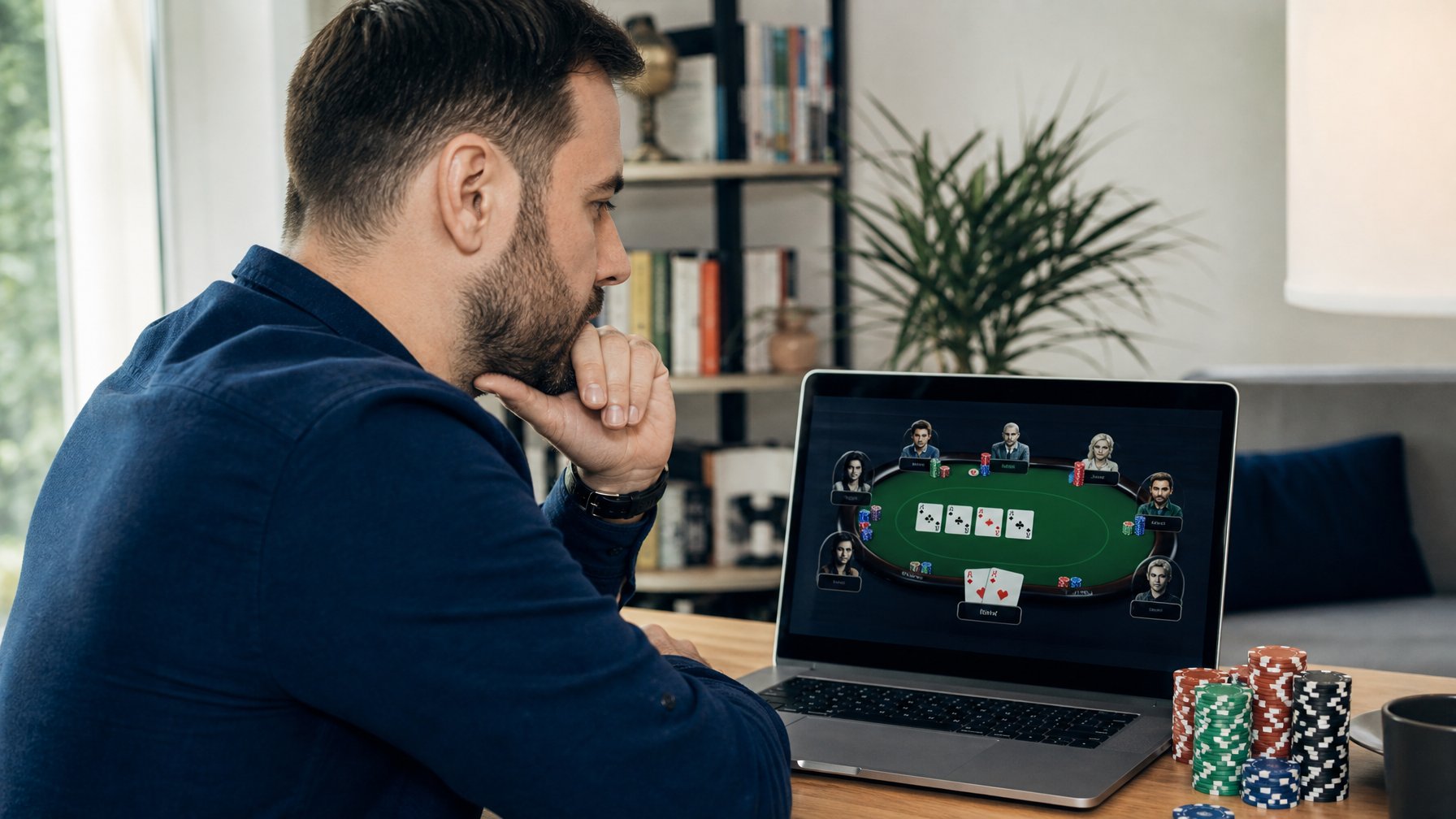 Seorang pemain dewasa fokus bermain poker online di depan komputer dengan layar menampilkan meja poker digital dan chip poker.