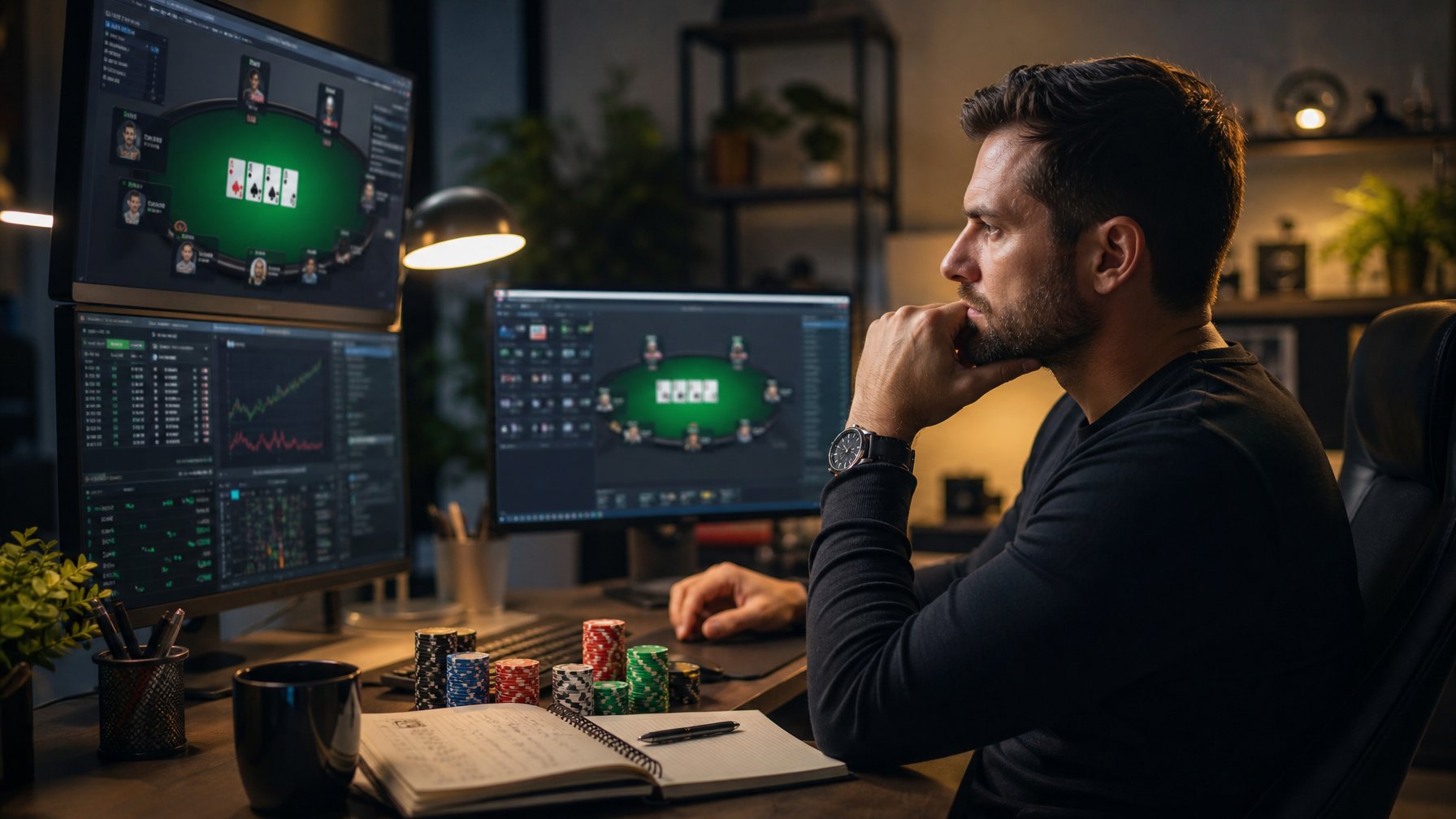 Seorang pria duduk di depan komputer dengan tampilan kartu poker dan grafik, sedang fokus bermain poker online dengan suasana kantor rumah yang rapi.