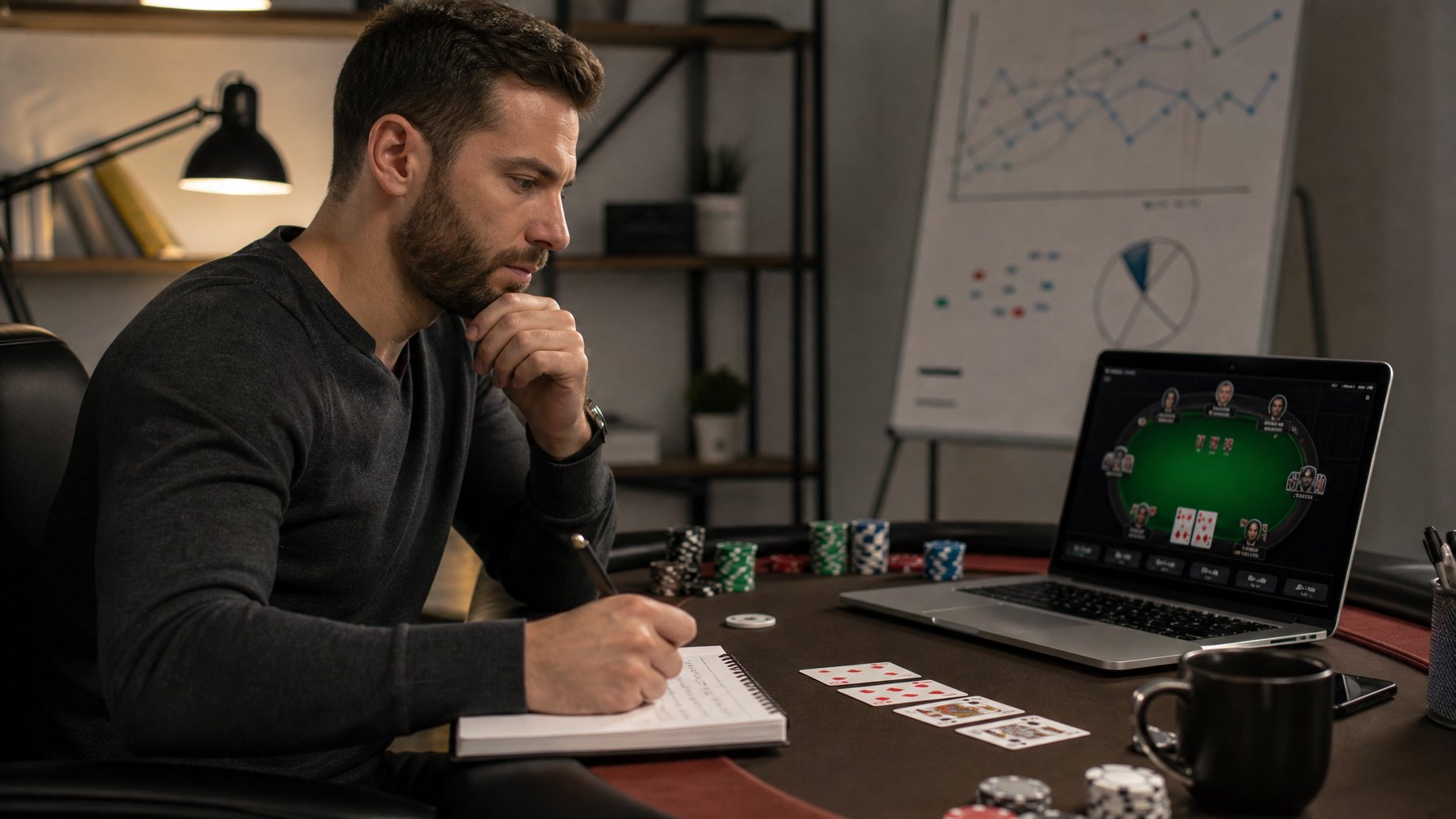 Seorang pria dewasa sedang duduk di meja poker dengan laptop terbuka, chip poker, kartu bermain, dan buku catatan strategi di lingkungan kantor rumah yang rapi.
