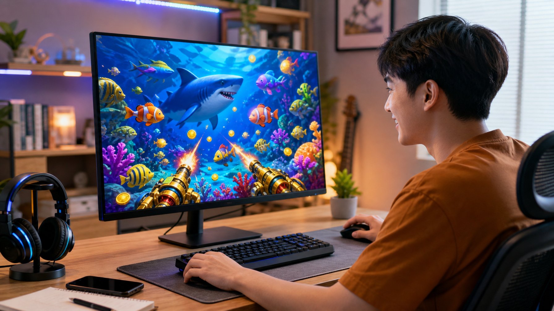 Seorang pemuda bermain permainan tembak ikan online di komputer dengan latar belakang grafis ikan berwarna-warni di layar.