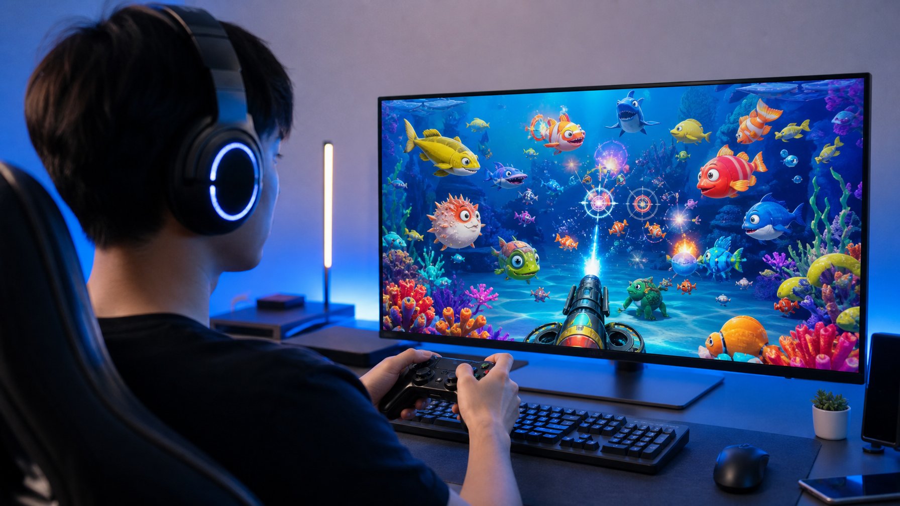 Seorang pemain muda fokus bermain permainan tembak ikan online dengan layar menampilkan ikan-ikan berwarna-warni di bawah air.