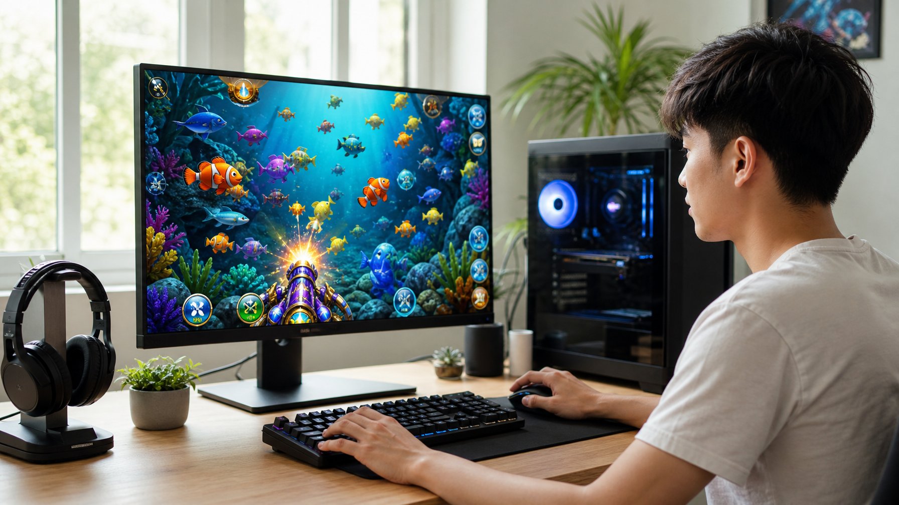 Seorang pemain muda sedang bermain game tembak ikan online di depan komputer dengan latar ruangan yang terang dan nyaman.