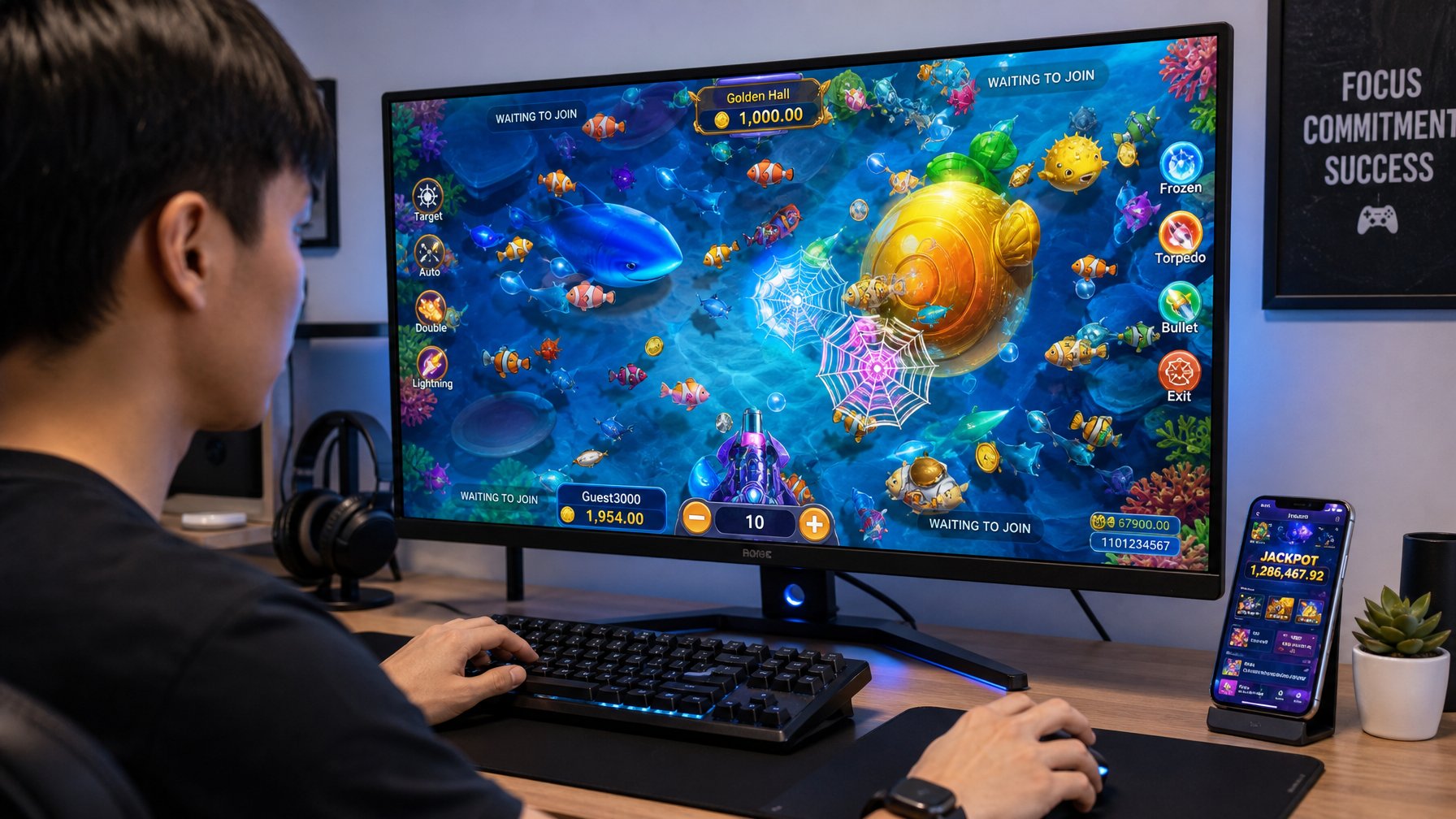 Seorang pemain muda sedang bermain permainan tembak ikan online di komputer dengan tampilan bawah laut berwarna-warni di layar.