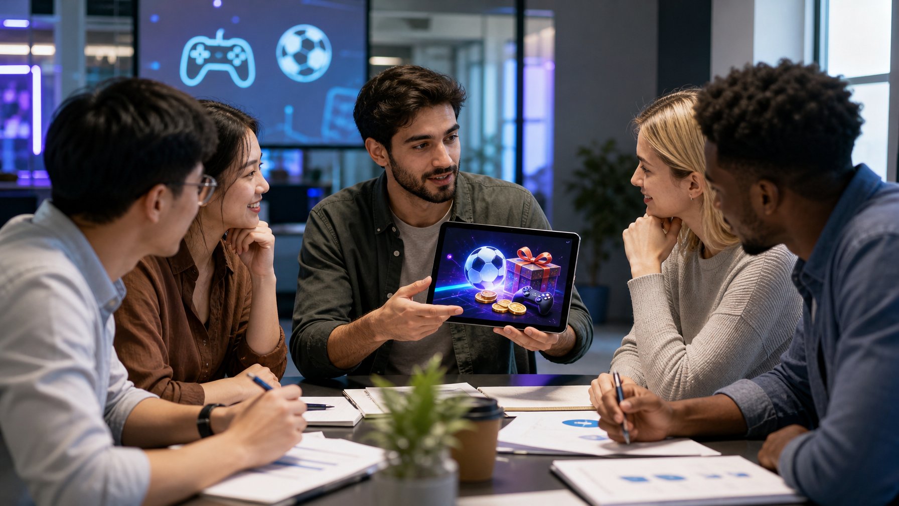 Sekelompok orang muda sedang berdiskusi dan melihat tablet di ruang kantor modern.