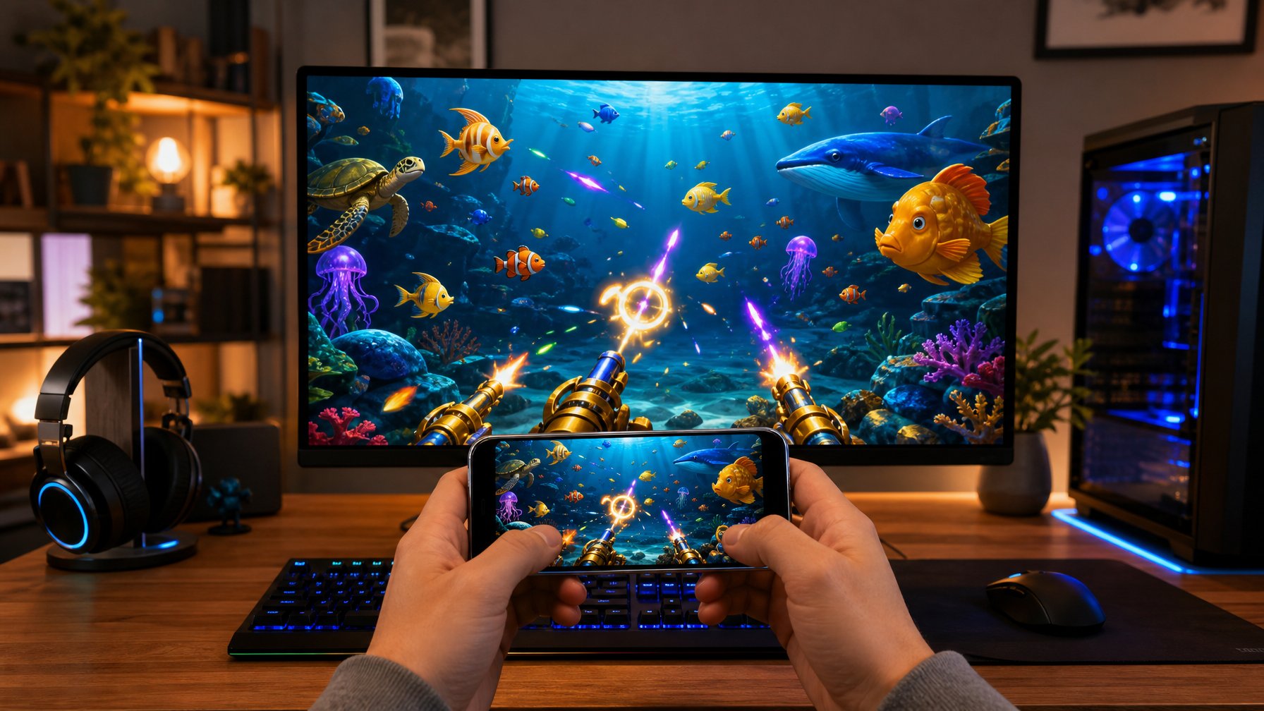 Seseorang sedang bermain game tembak ikan di komputer dan ponsel dengan latar belakang ruang kerja yang nyaman dan peralatan teknologi.