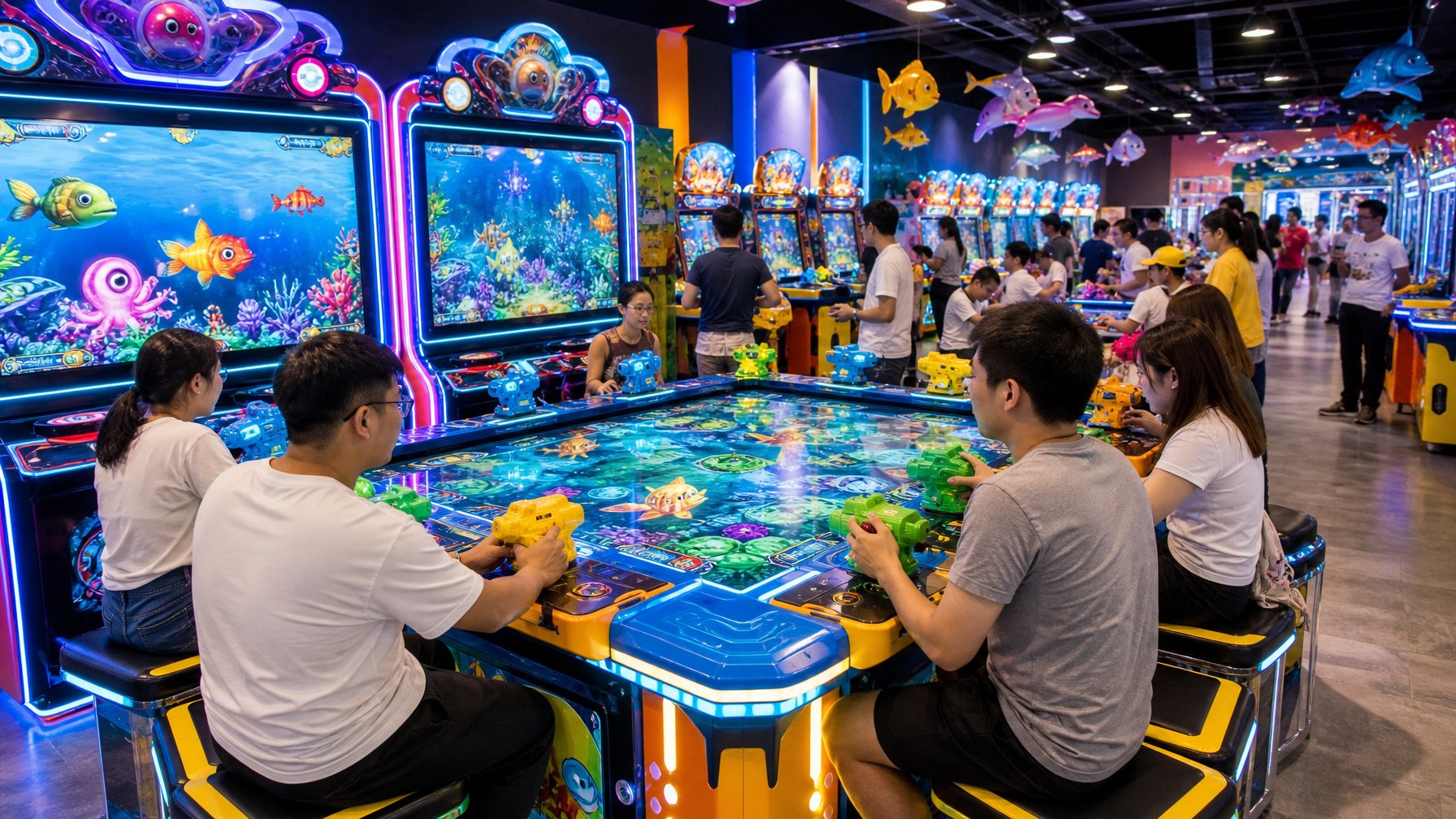 Suasana arcade permainan tembak ikan dengan beberapa mesin permainan berwarna-warni dan orang-orang sedang bermain dengan antusias.