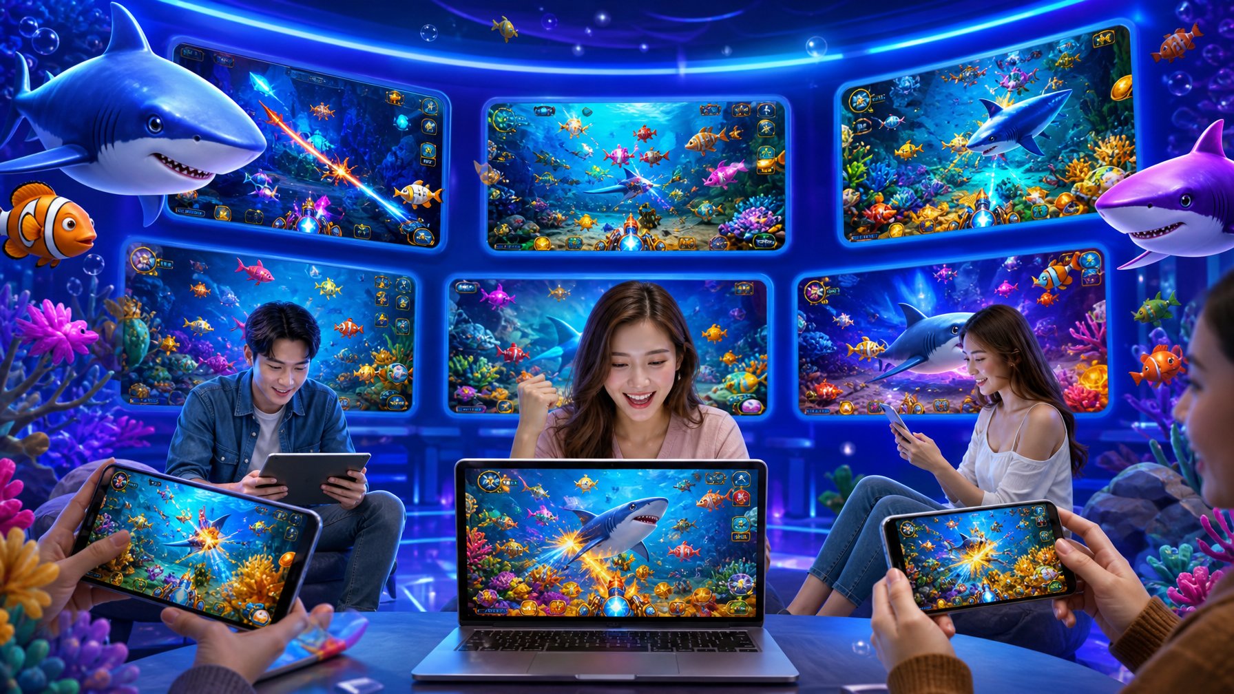 Suasana permainan tembak ikan online dengan berbagai pilihan room dan pemain menggunakan perangkat digital.