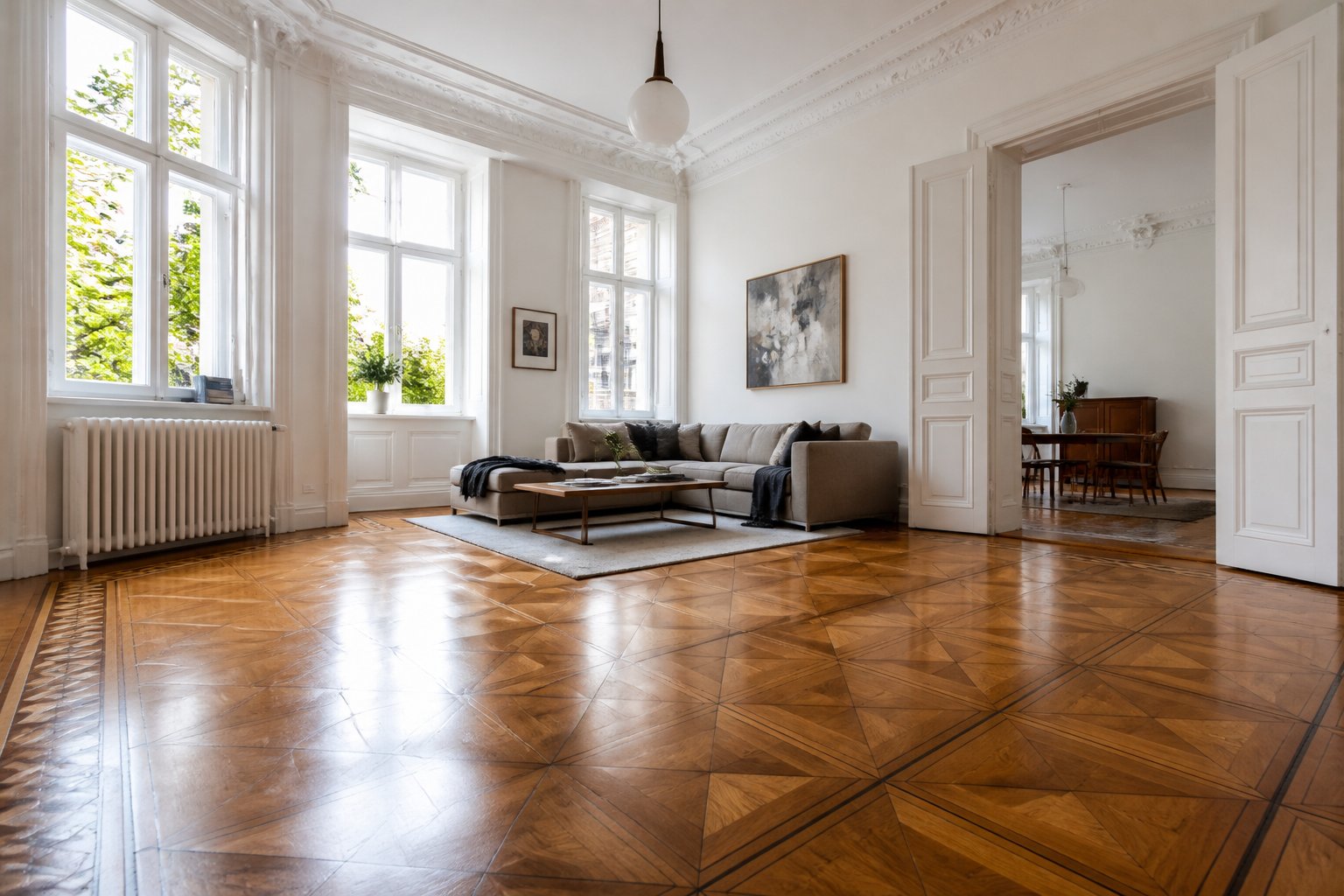 Innenraum eines Berliner Altbauwohnzimmers mit großem Fenster und sichtbarem Parkettboden.