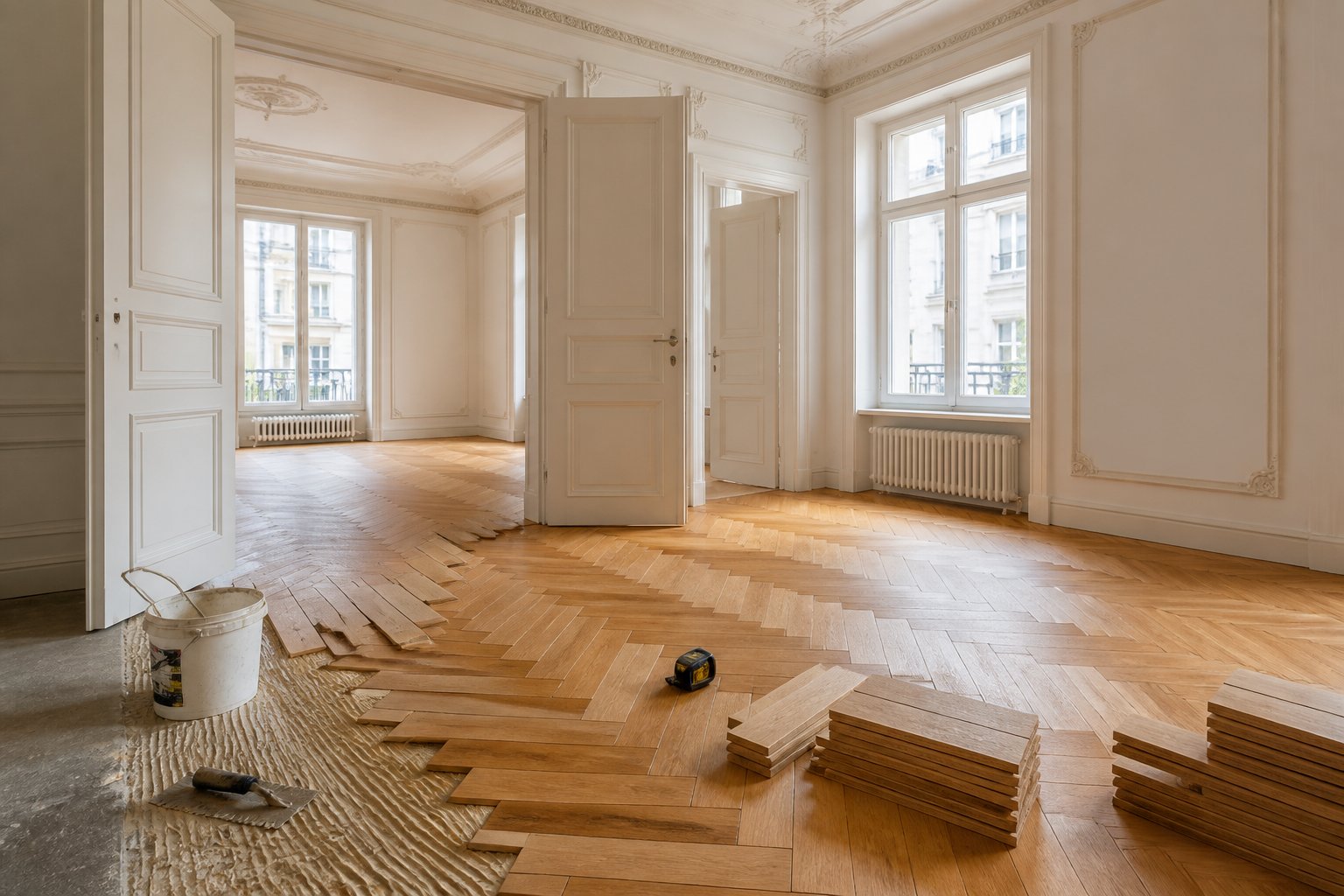 Innenraum einer Altbauwohnung in Berlin mit neu verlegtem Parkettboden und Werkzeugen für die Parkettverlegung.
