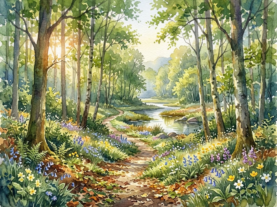 A peaceful forest with tall trees, a winding path, colorful wildflowers, and a calm stream.